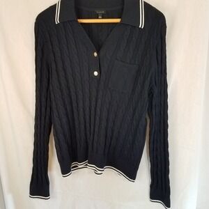 Talbots Sweater L Navy Lattice Cable Johnny Collar Pullover Preppy Nautical